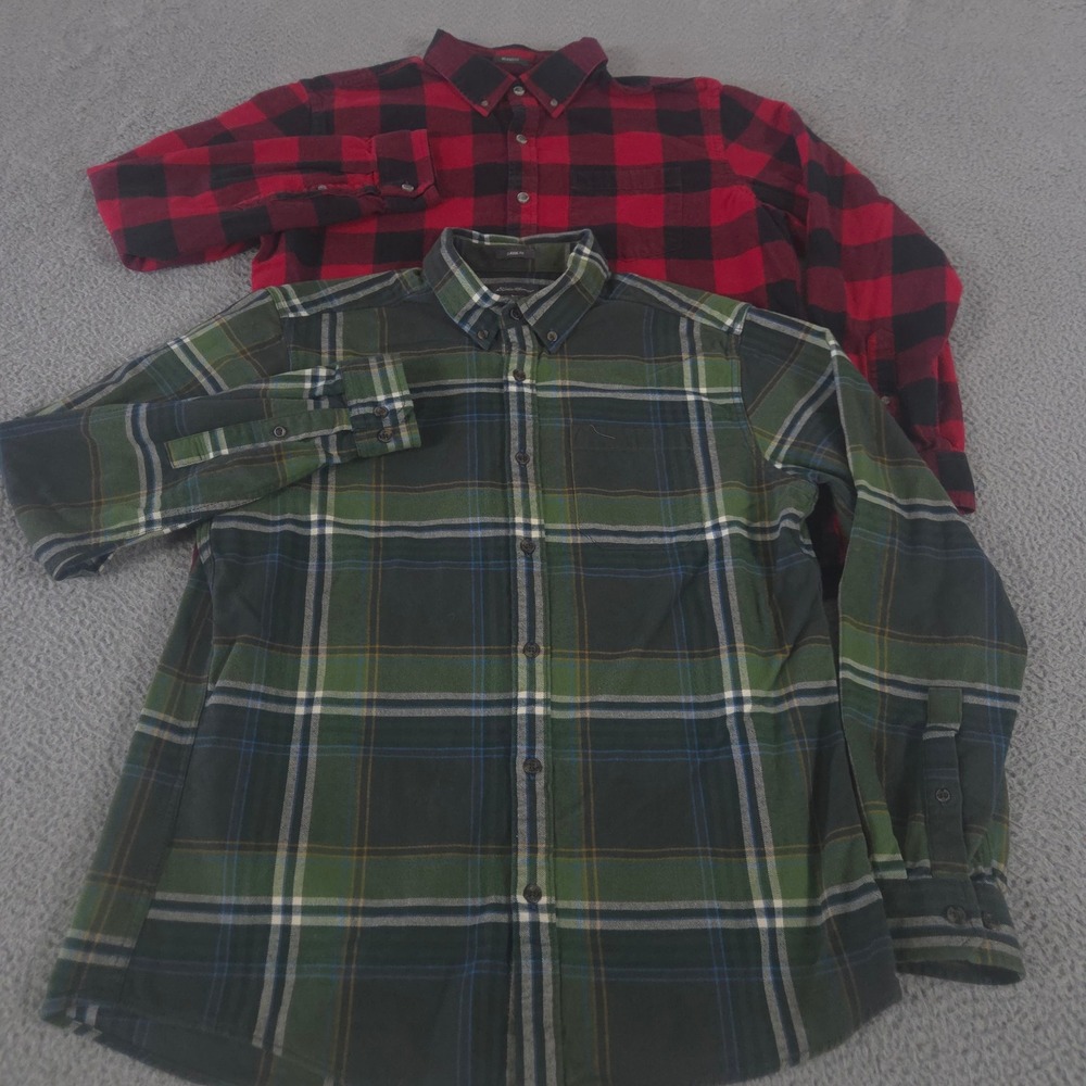 LOT OF 2 Eddie Bauer Shirt Men L Red Green Favorite Flannel Classic Plaid Cotton